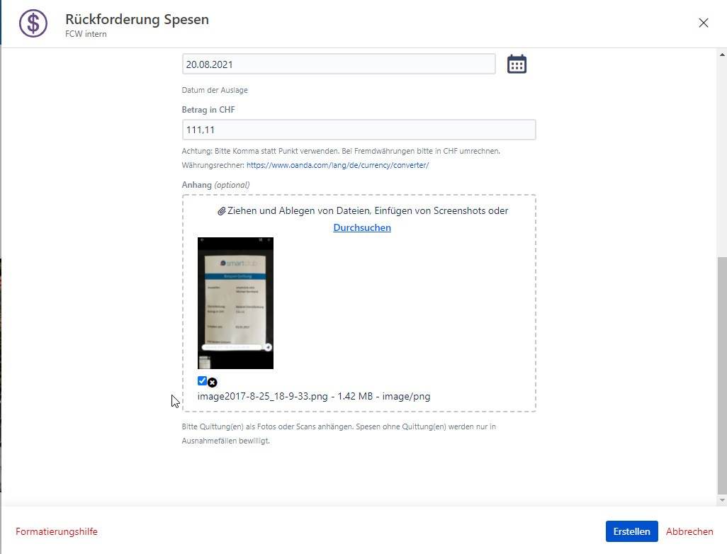 FCW Wissensdatenbank > Eingabe von Spesen im smartclub > image2021-8-23_15-3-30.png