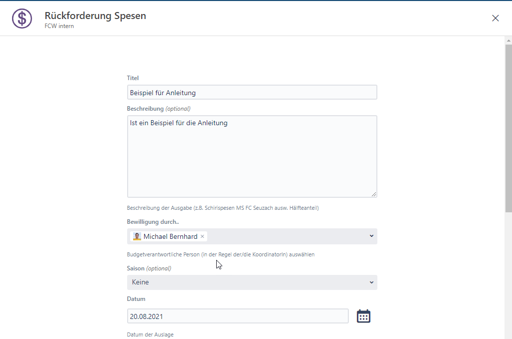 FCW Wissensdatenbank > Eingabe von Spesen im smartclub > image2021-8-23_15-3-9.png
