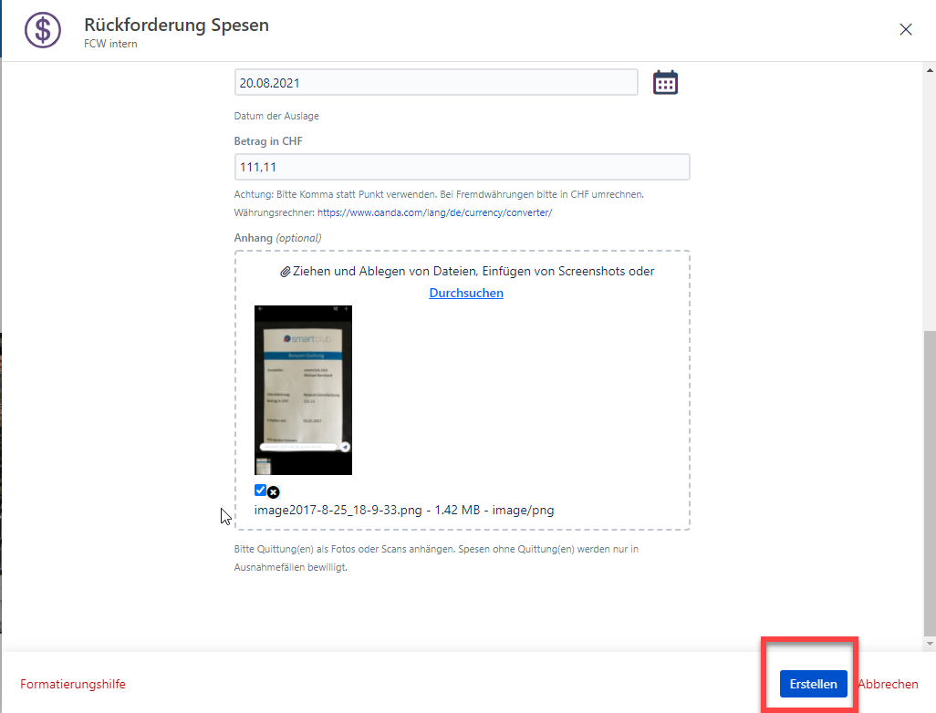 FCW Wissensdatenbank > Eingabe von Spesen im smartclub > image2021-8-23_15-5-32.png